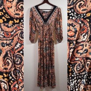 Bohemian Paisley Maxi Black Orange Dress Small